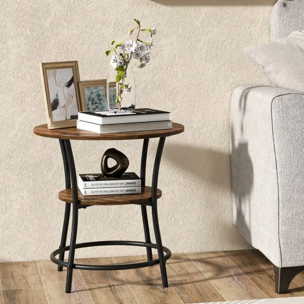Table d'Appoint Ronde Style Industrielle Dia.55 CM à 2 Niveaux Cadre en Métal Marron Rustique