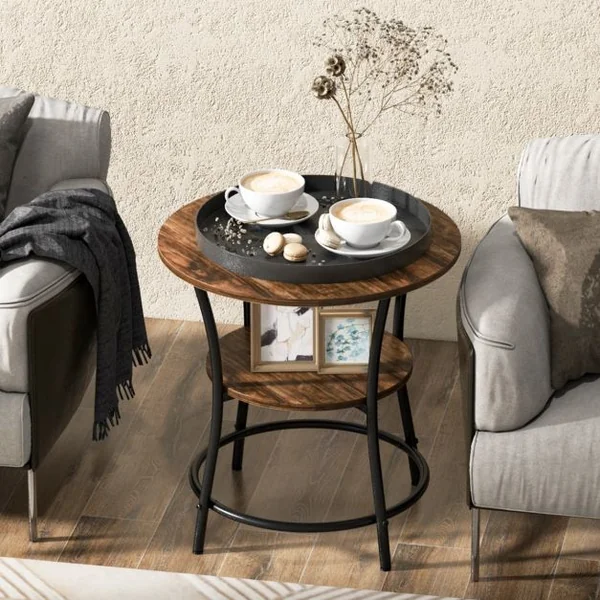 Table d'Appoint Ronde Style Industrielle Dia.55 CM à 2 Niveaux Cadre en Métal Marron Rustique