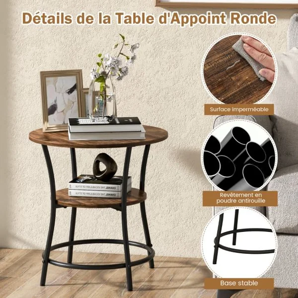 Table d'Appoint Ronde Style Industrielle Dia.55 CM à 2 Niveaux Cadre en Métal Marron Rustique