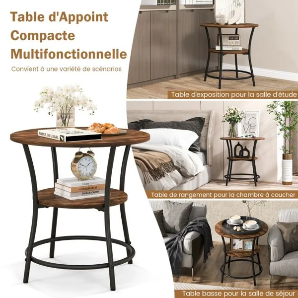 Table d'Appoint Ronde Style Industrielle Dia.55 CM à 2 Niveaux Cadre en Métal Marron Rustique