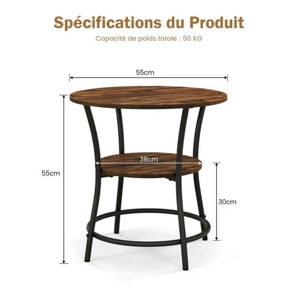 Table d'Appoint Ronde Style Industrielle Dia.55 CM à 2 Niveaux Cadre en Métal Marron Rustique