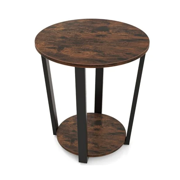 Table d'Appoint Ronde Table d'Appoint à 2 Niveaux Etagère Ouverte Table de Canapé Cadre en Métal Marron Rustique