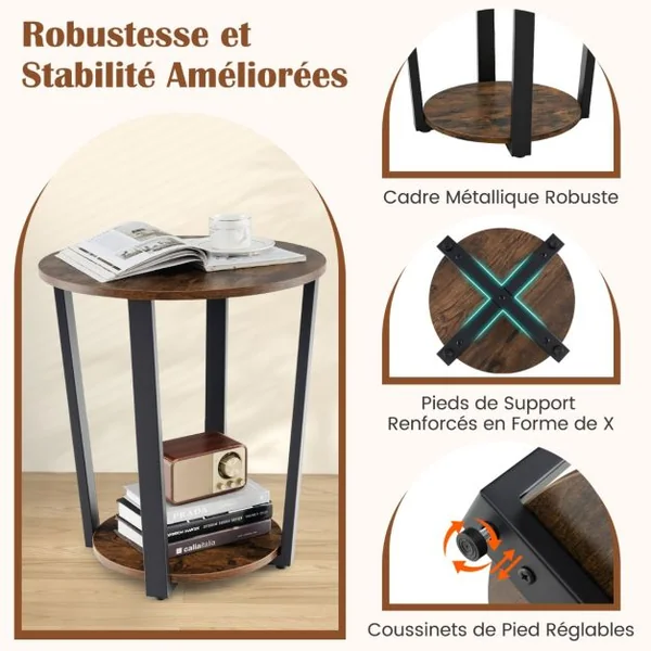 Table d'Appoint Ronde Table d'Appoint à 2 Niveaux Etagère Ouverte Table de Canapé Cadre en Métal Marron Rustique
