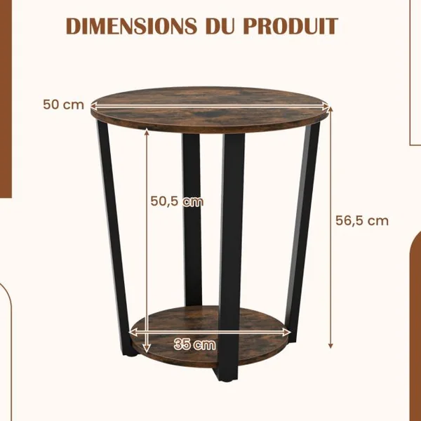 Table d'Appoint Ronde Table d'Appoint à 2 Niveaux Etagère Ouverte Table de Canapé Cadre en Métal Marron Rustique