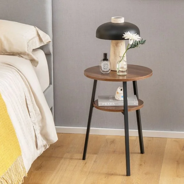 Table d'Appoint Ronde à 2 Niveaux Dia.39 CM Style Industrielle Cadre en Métal Marron