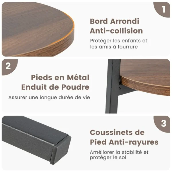 Table d'Appoint Ronde à 2 Niveaux Dia.39 CM Style Industrielle Cadre en Métal Marron