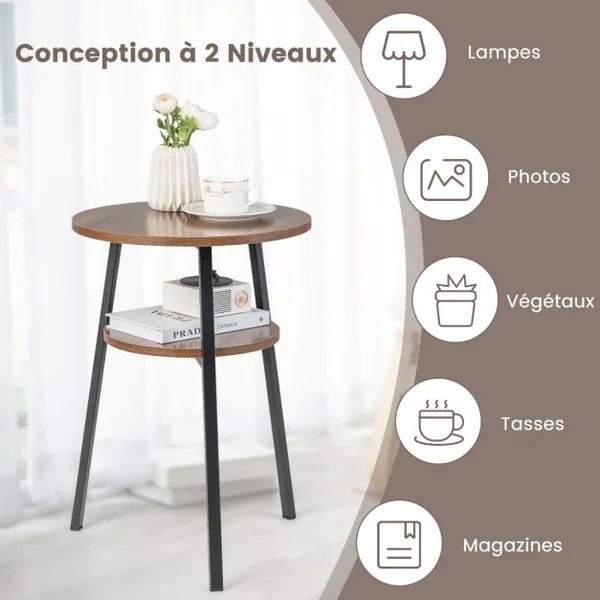 Table d'Appoint Ronde à 2 Niveaux Dia.39 CM Style Industrielle Cadre en Métal Marron