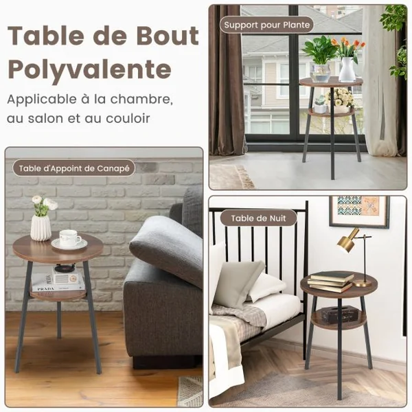 Table d'Appoint Ronde à 2 Niveaux Dia.39 CM Style Industrielle Cadre en Métal Marron