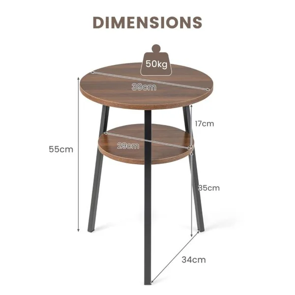 Table d'Appoint Ronde à 2 Niveaux Dia.39 CM Style Industrielle Cadre en Métal Marron
