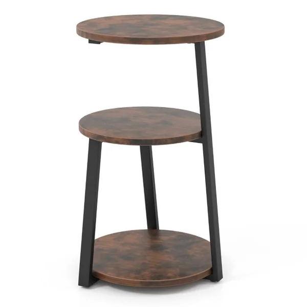 Table d'Appoint Ronde à 3 Niveaux avec Cadre en Métal et Patins Réglables Table de Chevet Industrielle Brun Rustique et Noir
