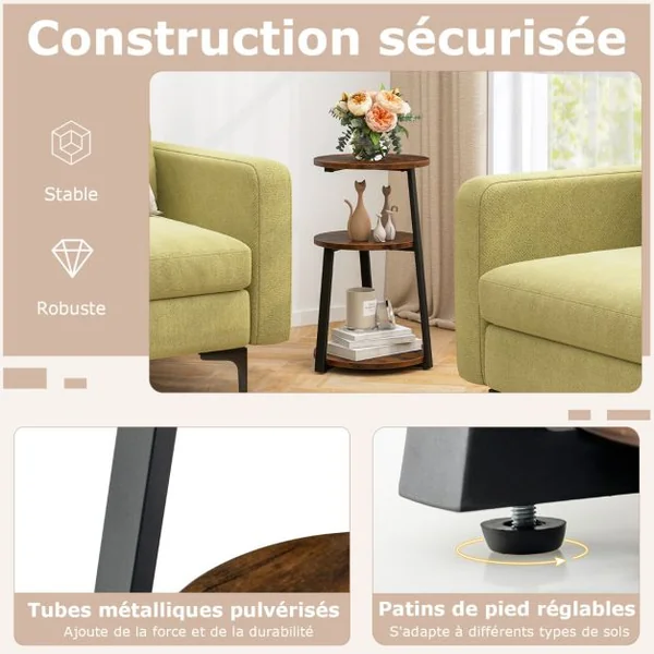 Table d'Appoint Ronde à 3 Niveaux avec Cadre en Métal et Patins Réglables Table de Chevet Industrielle Brun Rustique et Noir
