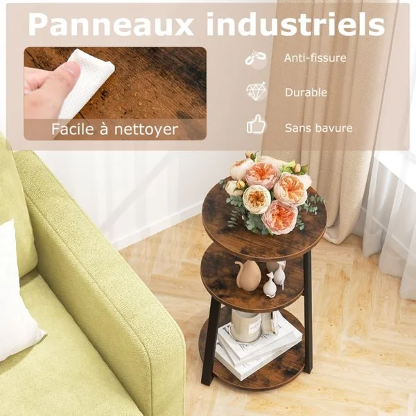 Table d'Appoint Ronde à 3 Niveaux avec Cadre en Métal et Patins Réglables Table de Chevet Industrielle Brun Rustique et Noir