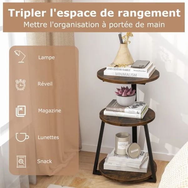 Table d'Appoint Ronde à 3 Niveaux avec Cadre en Métal et Patins Réglables Table de Chevet Industrielle Brun Rustique et Noir