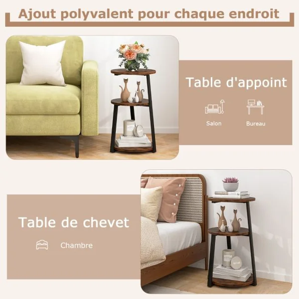 Table d'Appoint Ronde à 3 Niveaux avec Cadre en Métal et Patins Réglables Table de Chevet Industrielle Brun Rustique et Noir