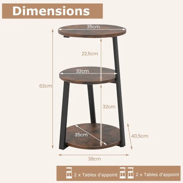 Table d'Appoint Ronde à 3 Niveaux avec Cadre en Métal et Patins Réglables Table de Chevet Industrielle Brun Rustique et Noir