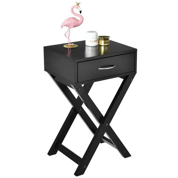 Table d'Appoint Table de Chevet Bout de Canapé avec Un Tiroir Conception Stable en Forme de X Moderne Noir