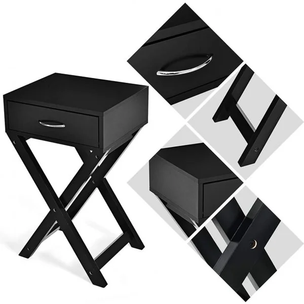 Table d'Appoint Table de Chevet Bout de Canapé avec Un Tiroir Conception Stable en Forme de X Moderne Noir