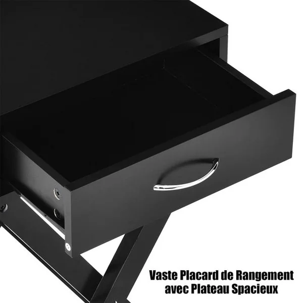Table d'Appoint Table de Chevet Bout de Canapé avec Un Tiroir Conception Stable en Forme de X Moderne Noir