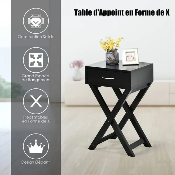 Table d'Appoint Table de Chevet Bout de Canapé avec Un Tiroir Conception Stable en Forme de X Moderne Noir