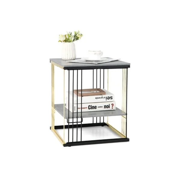 Table d’Appoint à 2 Niveaux 39 x 39 x 45 CM Cadre Métallique Doré Bout de Canapé avec Plateau Amovible