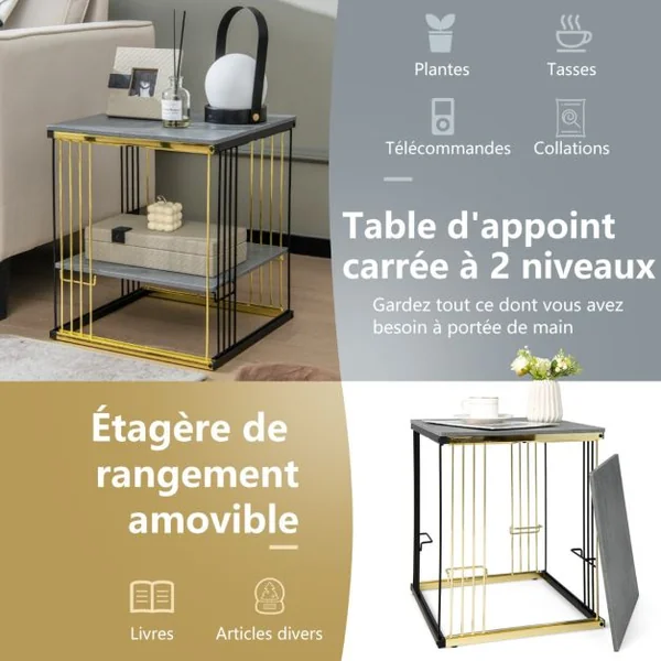 Table d’Appoint à 2 Niveaux 39 x 39 x 45 CM Cadre Métallique Doré Bout de Canapé avec Plateau Amovible
