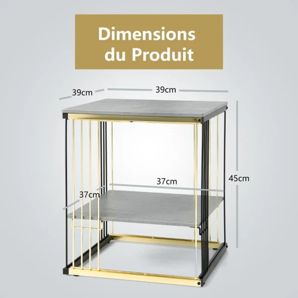 Table d’Appoint à 2 Niveaux 39 x 39 x 45 CM Cadre Métallique Doré Bout de Canapé avec Plateau Amovible