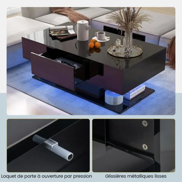 Table d'Appoint à 2 Niveaux avec 20 Lumières LED Colorées et 2 Tiroirs de Rangement Table Centrale Rectangulaire Noir/Blanc