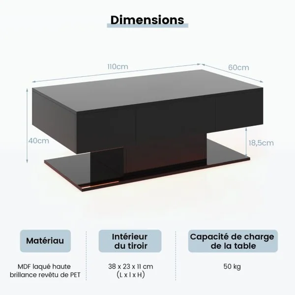 Table d'Appoint à 2 Niveaux avec 20 Lumières LED Colorées et 2 Tiroirs de Rangement Table Centrale Rectangulaire Noir/Blanc