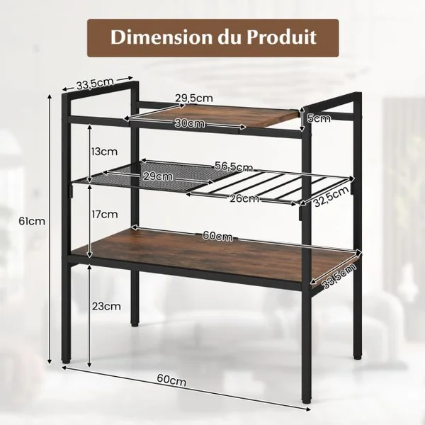 Table d'Appoint à 3 Niveaux Bout de Canapé Style Industriel Cadre en Méta Étagère en Maille 60 x 33,5 x 61 CM Brun rustique