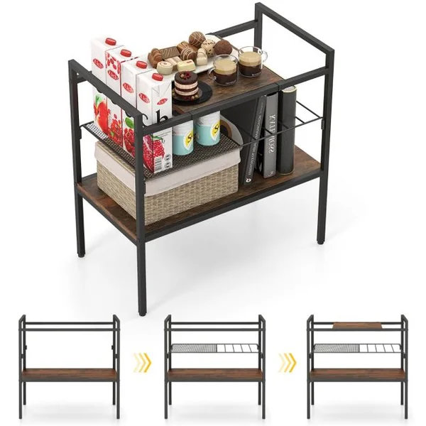 Table d'Appoint à 3 Niveaux Bout de Canapé Style Industriel Cadre en Méta Étagère en Maille 60 x 33,5 x 61 CM Brun rustique