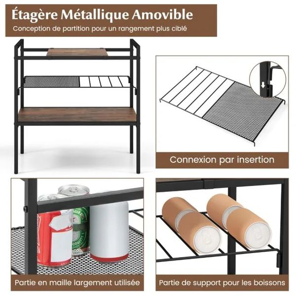 Table d'Appoint à 3 Niveaux Bout de Canapé Style Industriel Cadre en Méta Étagère en Maille 60 x 33,5 x 61 CM Brun rustique