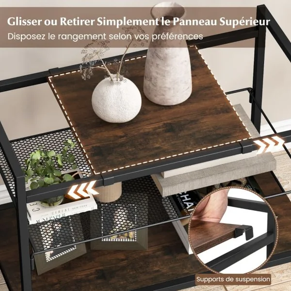 Table d'Appoint à 3 Niveaux Bout de Canapé Style Industriel Cadre en Méta Étagère en Maille 60 x 33,5 x 61 CM Brun rustique