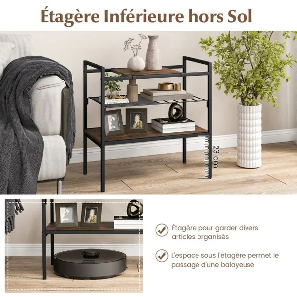 Table d'Appoint à 3 Niveaux Bout de Canapé Style Industriel Cadre en Méta Étagère en Maille 60 x 33,5 x 61 CM Brun rustique