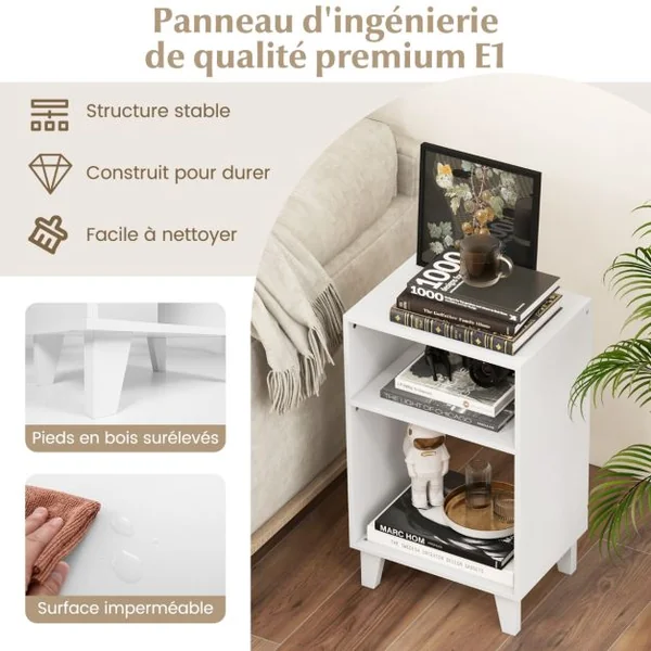 Table d'Appoint à 3 Niveaux Table de Chevet avec Etagères de Rangement Pieds Surélevés et Structure Stable Table d'Appoint Etroite Blanc