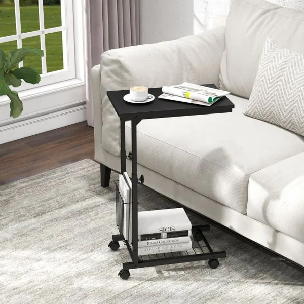Table d'Appoint à Roulettes en Forme de C avec Porte-Revues Table de Lit à Roulette Hauteur Réglable 58-80cm Gris