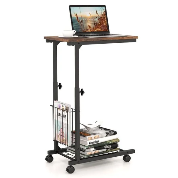Table d'Appoint à Roulettes en Forme de C avec Porte-Revues Table de Lit à Roulette Hauteur Réglable 58-80cm Gris
