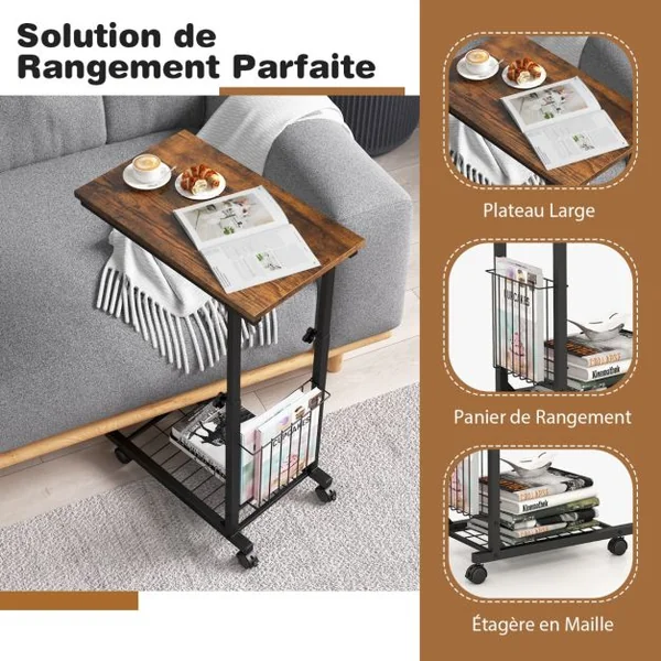 Table d'Appoint à Roulettes en Forme de C avec Porte-Revues Table de Lit à Roulette Hauteur Réglable 58-80cm Gris