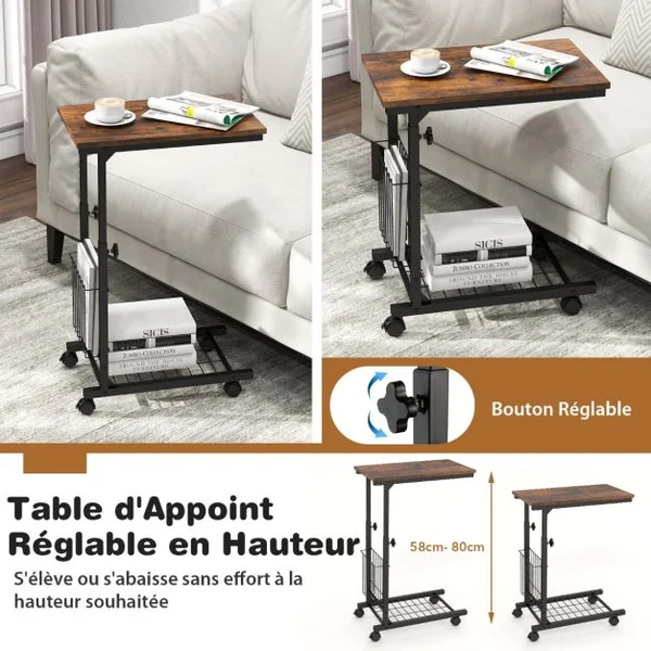 Table d'Appoint à Roulettes en Forme de C avec Porte-Revues Table de Lit à Roulette Hauteur Réglable 58-80cm Gris