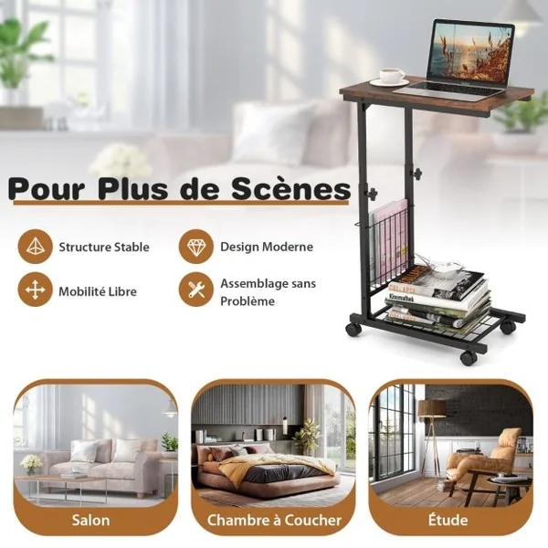 Table d'Appoint à Roulettes en Forme de C avec Porte-Revues Table de Lit à Roulette Hauteur Réglable 58-80cm Gris