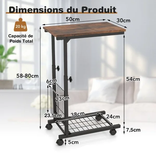 Table d'Appoint à Roulettes en Forme de C avec Porte-Revues Table de Lit à Roulette Hauteur Réglable 58-80cm Gris