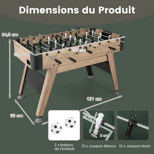 Table de Baby-Foot de 138 cm Table de Jeu de Football d'Arcade 2 Ballons 26 Joueurs 2 Marqueurs de Score Pieds Réglables