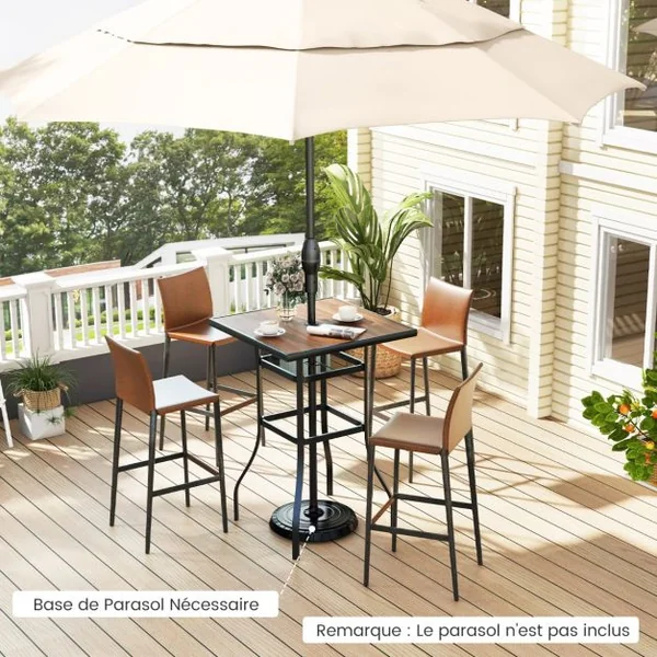 Table de Bar Carrée de Patio 70 cm Table de Jardin avec Cadre en Métal Robuste Trou de Parasol de 39 mm Table Bistrot d'Extérieur