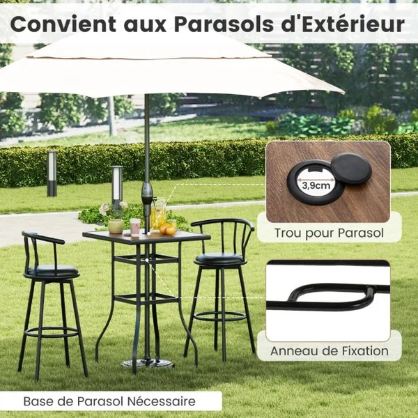 Table de Bar Carrée de Patio 70 cm Table de Jardin avec Cadre en Métal Robuste Trou de Parasol de 39 mm Table Bistrot d'Extérieur