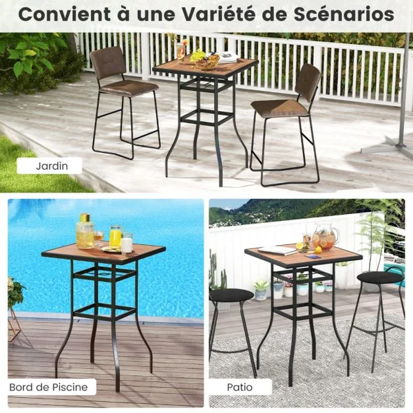 Table de Bar Carrée de Patio 70 cm Table de Jardin avec Cadre en Métal Robuste Trou de Parasol de 39 mm Table Bistrot d'Extérieur