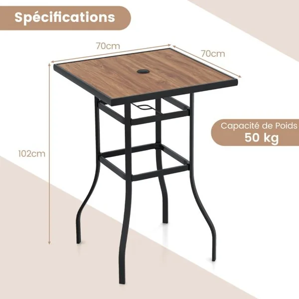 Table de Bar Carrée de Patio 70 cm Table de Jardin avec Cadre en Métal Robuste Trou de Parasol de 39 mm Table Bistrot d'Extérieur