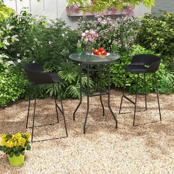 Table de Bar de Jardin en Verre Trempé H 97cm Patins Antidérapants Cadre en Métal Enduit de Poudre Intérieur Extérieur Noir