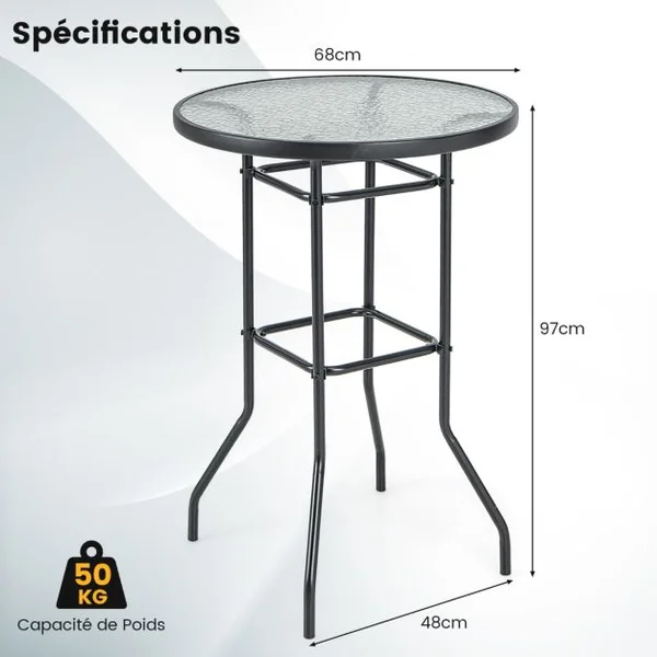 Table de Bar de Jardin en Verre Trempé H 97cm Patins Antidérapants Cadre en Métal Enduit de Poudre Intérieur Extérieur Noir