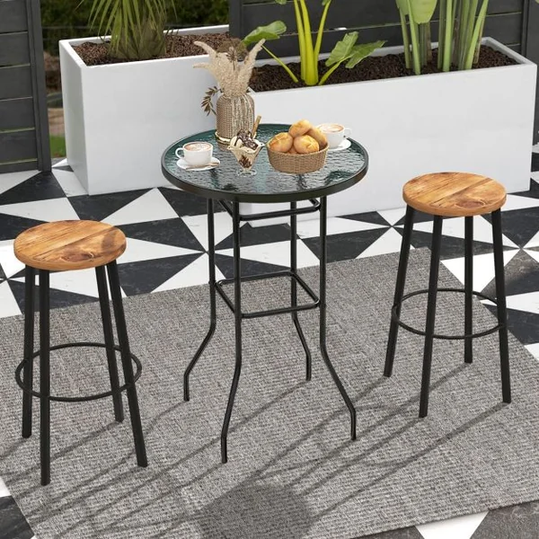 Table de Bar de Jardin en Verre Trempé H 97cm Patins Antidérapants Cadre en Métal Enduit de Poudre Intérieur Extérieur Noir