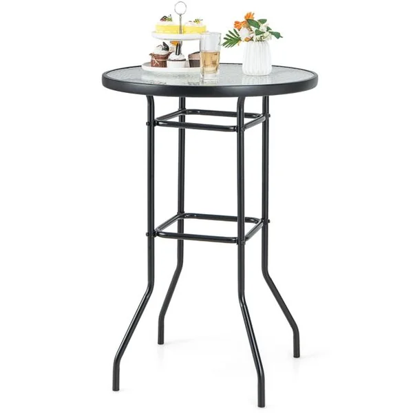 Table de Bar de Jardin en Verre Trempé H 97cm Patins Antidérapants Cadre en Métal Enduit de Poudre Intérieur Extérieur Noir