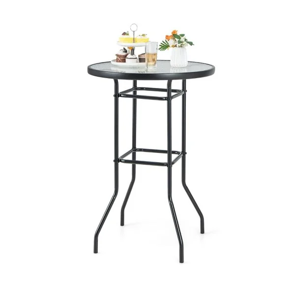 Table de Bar de Jardin en Verre Trempé H 97cm Patins Antidérapants Cadre en Métal Enduit de Poudre Intérieur Extérieur Noir
